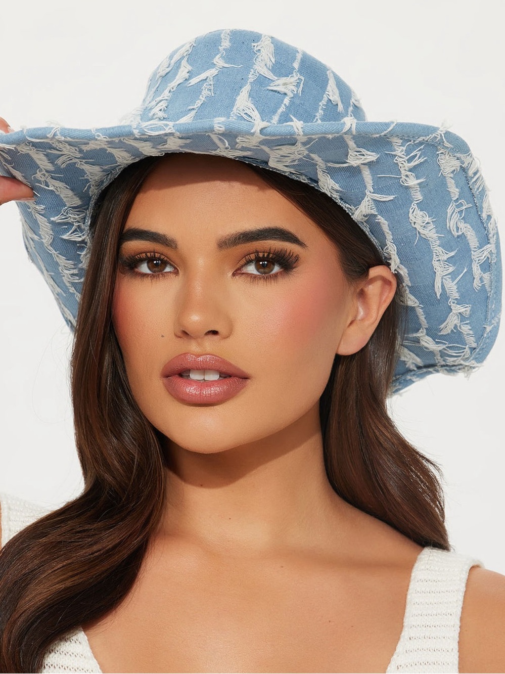Fashion Nova Light Blue Distressed Denim Cowgirl Hat